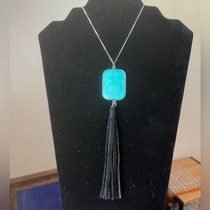 Faux Turquoise and Suede Fringe Necklace